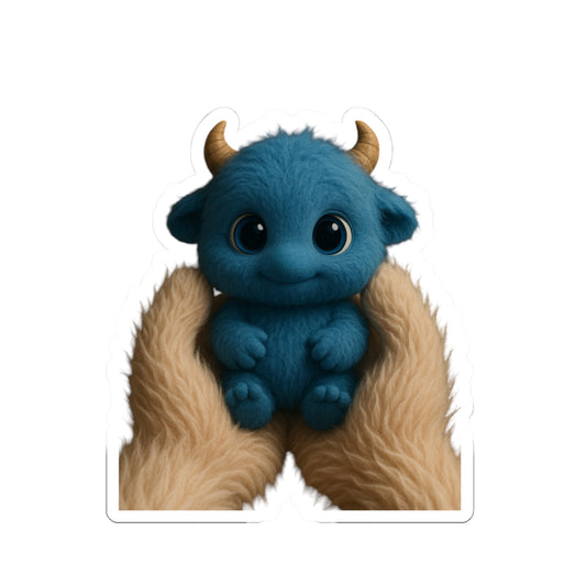 Cute Blue Monster Kiss-Cut Stickers – Baby Monster With Horns Cradled In Fuzzy Paws – Adorable Decor & Gift
