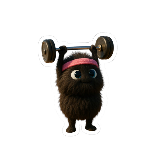 Black Monster Kiss-Cut Stickers – Cute Strong Friend Holding Barbell – Fitness Decor & Gift