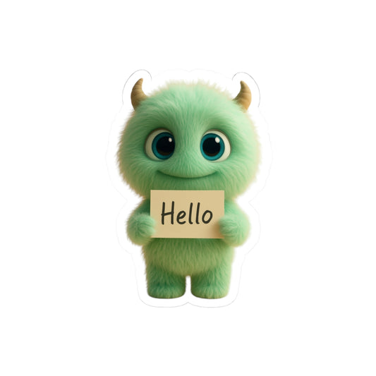 Mint Green Monster Kiss-Cut Stickers – Cute Friend Holding “Hello” Sign – Smiling Decor & Gift
