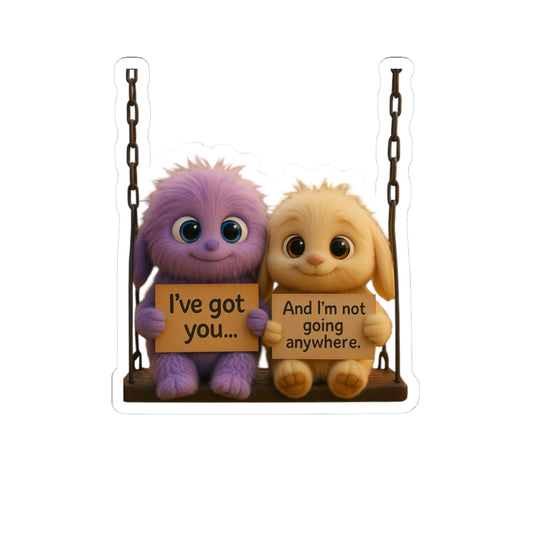 Cute Floppy-Eared Monsters Kiss-Cut Stickers – Two Friends On A Swing With Kindness Signs – Adorable Decor & Gift