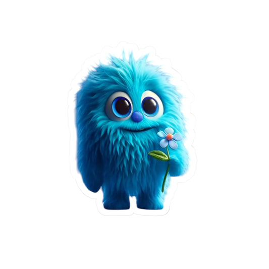 Bright Blue Furry Monster Kiss-Cut Stickers – Cute Friend Holding A Blue Daisy – Adorable Decor & Gift