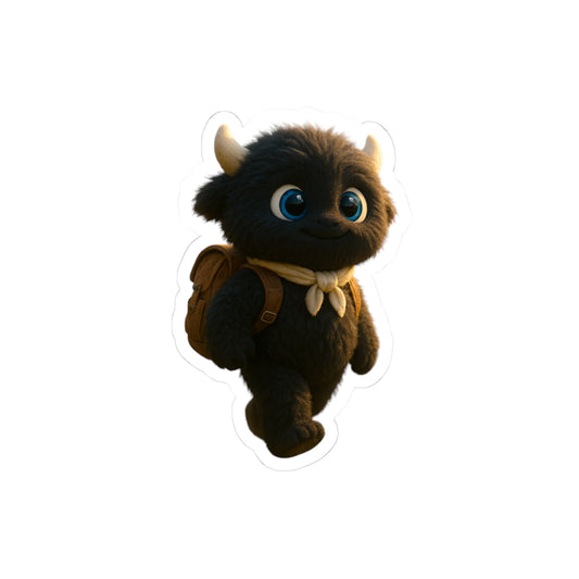 Black Furry Monster Kiss-Cut Stickers – Cute Friend With Backpack – Outdoor Adventure Decor & Gift
